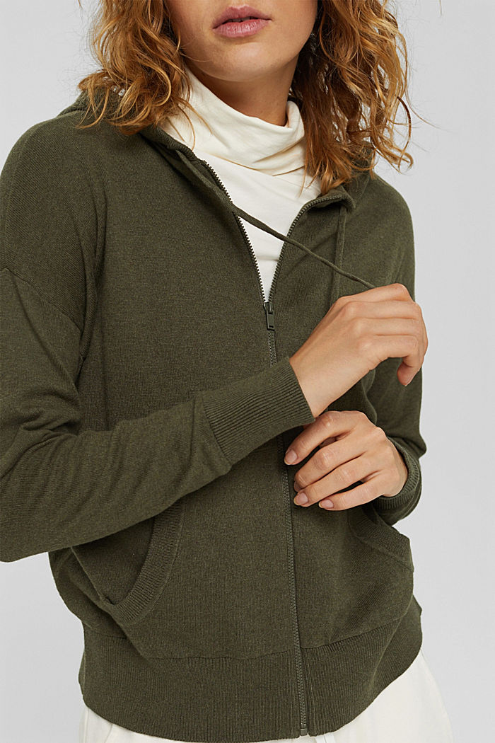 Fine knit cardigan with a hood, 100% cotton, DARK KHAKI, detail image number 2