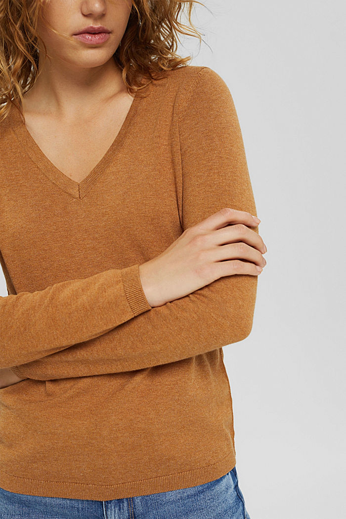 Sweter typu basic z dekoltem w serek, mieszanka bawełny ekologicznej, BARK, detail image number 1