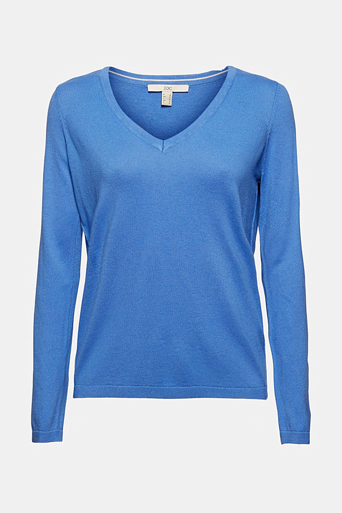 Basic V-neck jumper, organic cotton blend, BRIGHT BLUE, detail image number 7