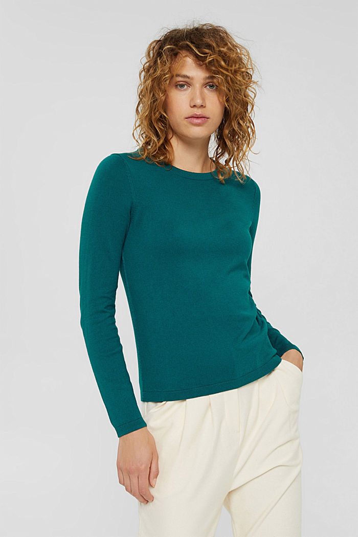 Sweter typu basic z okrągłym dekoltem, mieszanka bawełny ekologicznej, EMERALD GREEN, detail image number 0