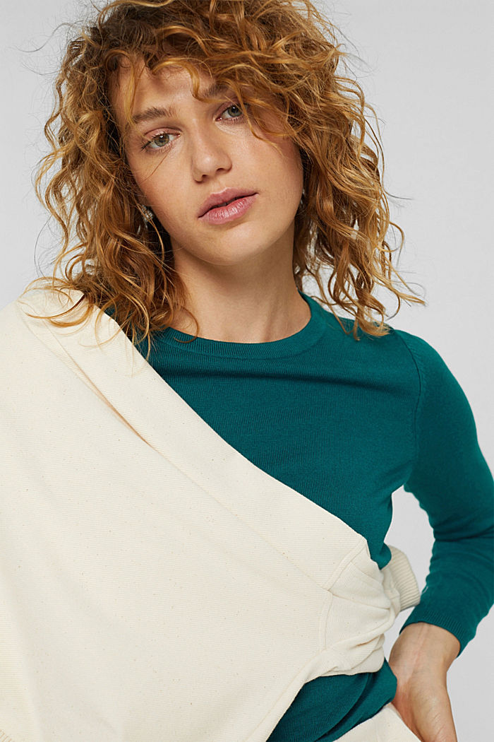 Sweter typu basic z okrągłym dekoltem, mieszanka bawełny ekologicznej, EMERALD GREEN, overview