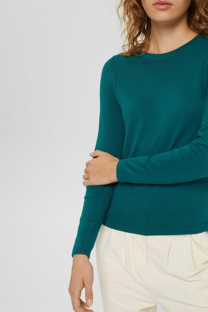 Sweter typu basic z okrągłym dekoltem, mieszanka bawełny ekologicznej, EMERALD GREEN, detail image number 2