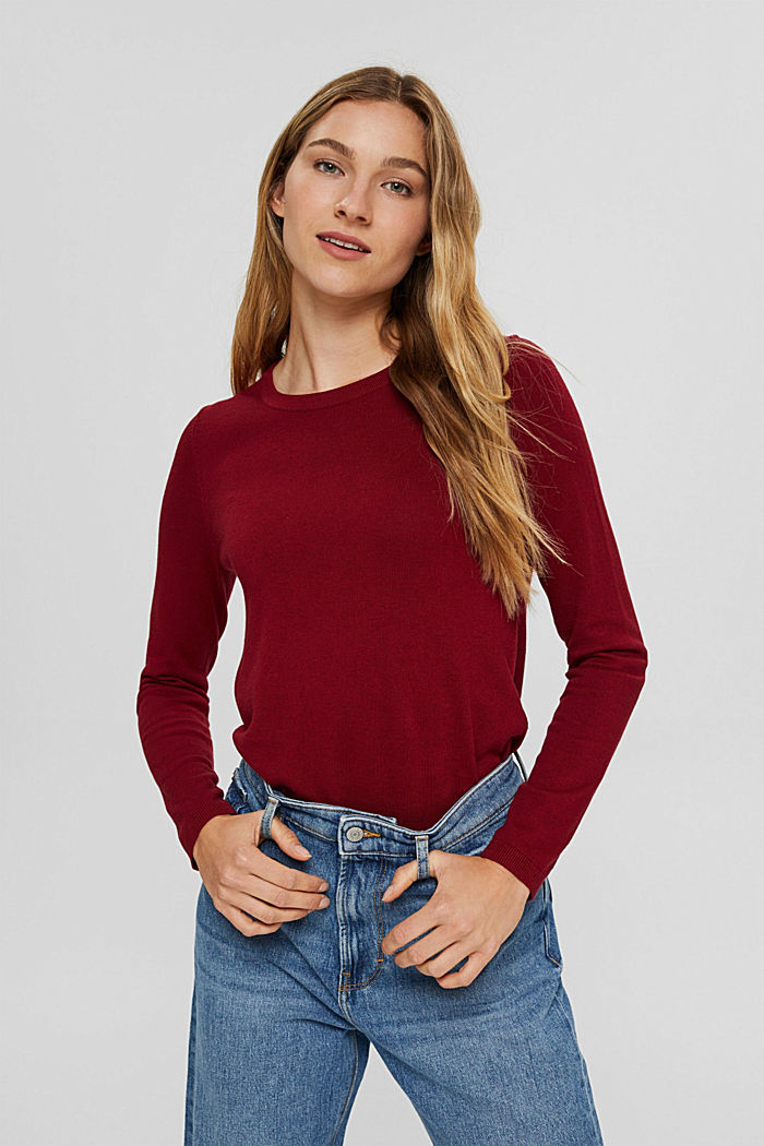 Sweter typu basic z okrągłym dekoltem, mieszanka bawełny ekologicznej, DARK RED, overview