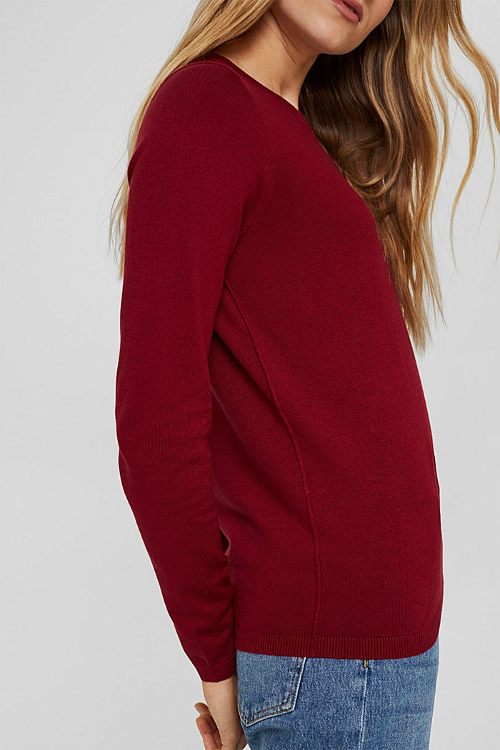 Sweter typu basic z okrągłym dekoltem, mieszanka bawełny ekologicznej, DARK RED, detail image number 2