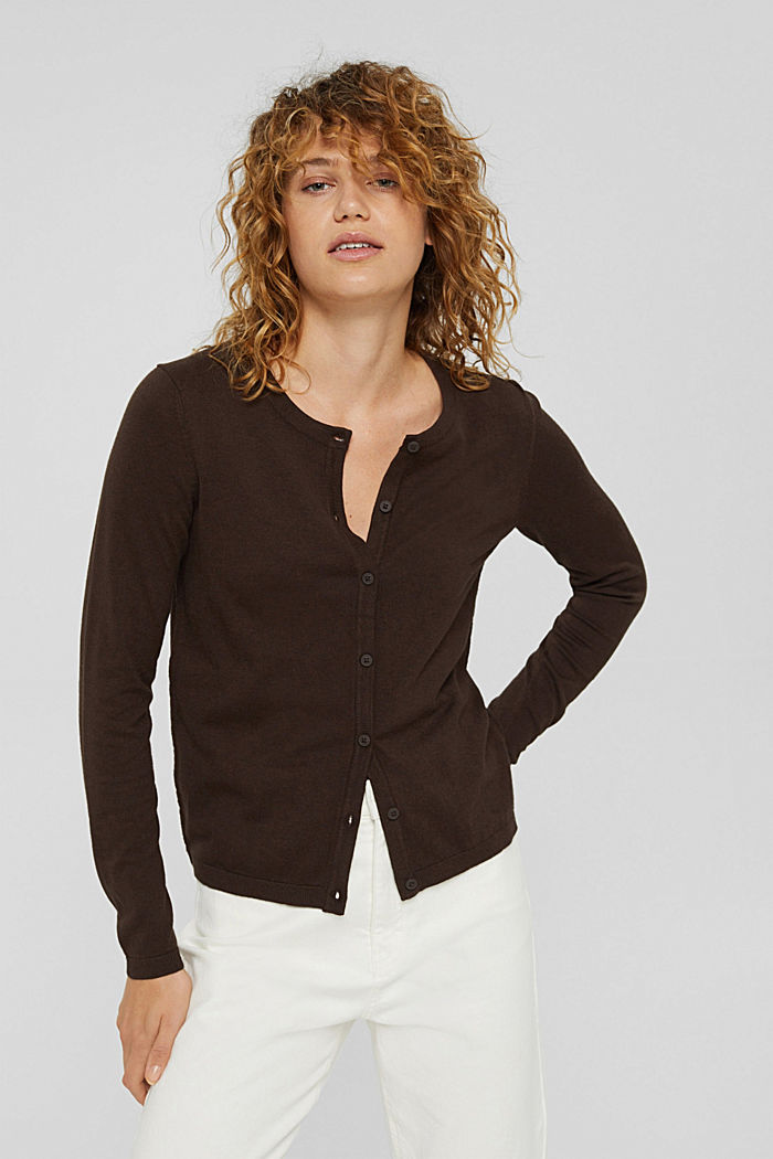 Basic round neck cardigan made of an organic cotton blend, BROWN, detail image number 0