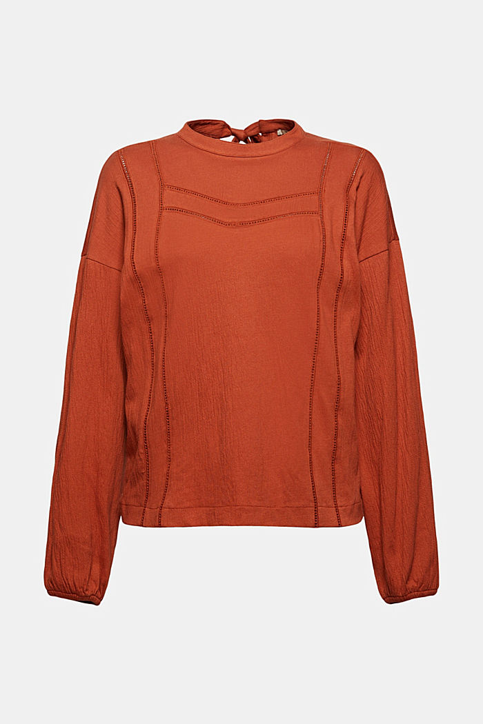 Crinkle blouse with broderie anglaise in an organic cotton blend, RUST ORANGE, overview