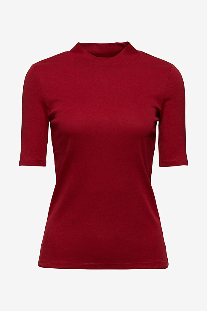 Basic top with a band collar, 100% organic cotton, DARK RED, overview