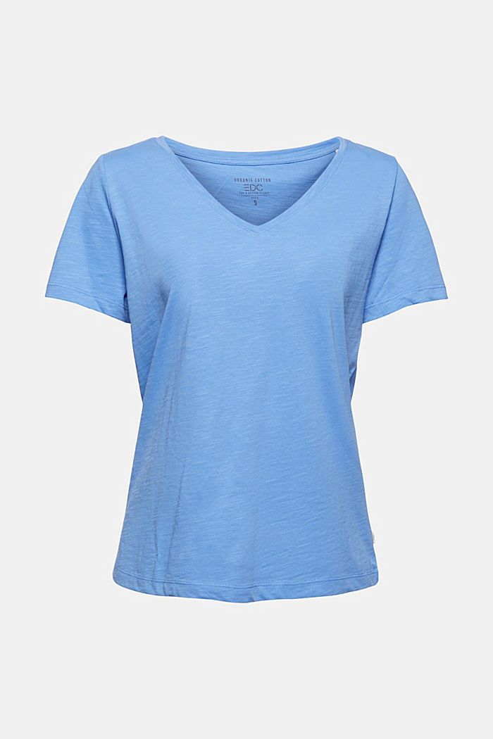 T-shirt à encolure en V, 100 % coton biologique, BRIGHT BLUE, overview