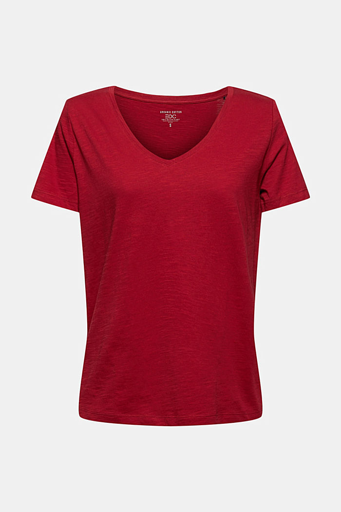 T-shirt met V-hals van 100% biologisch katoen, DARK RED, overview