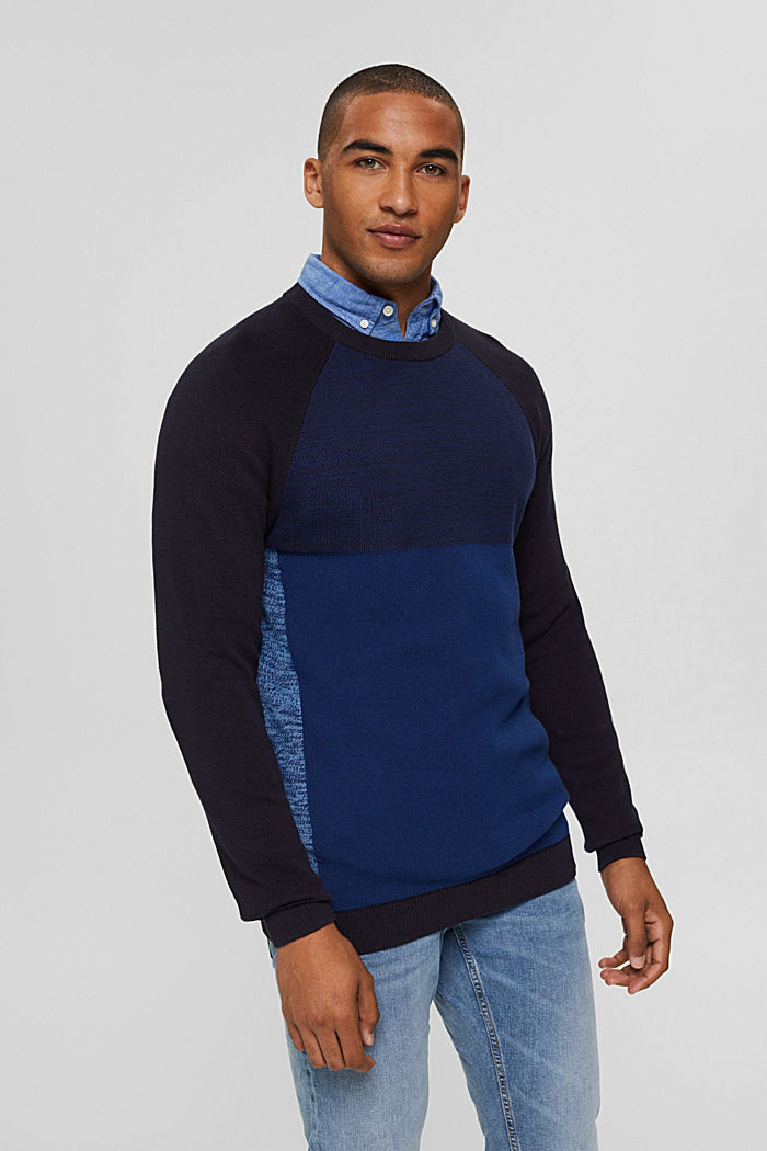Colour block jumper in 100% organic cotton, NAVY, detail image number 0