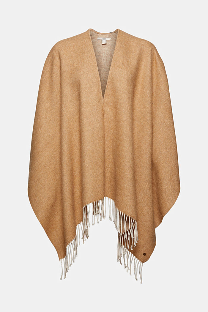 In materiale riciclato: poncho/mantella double face con frange, CARAMEL, detail image number 0