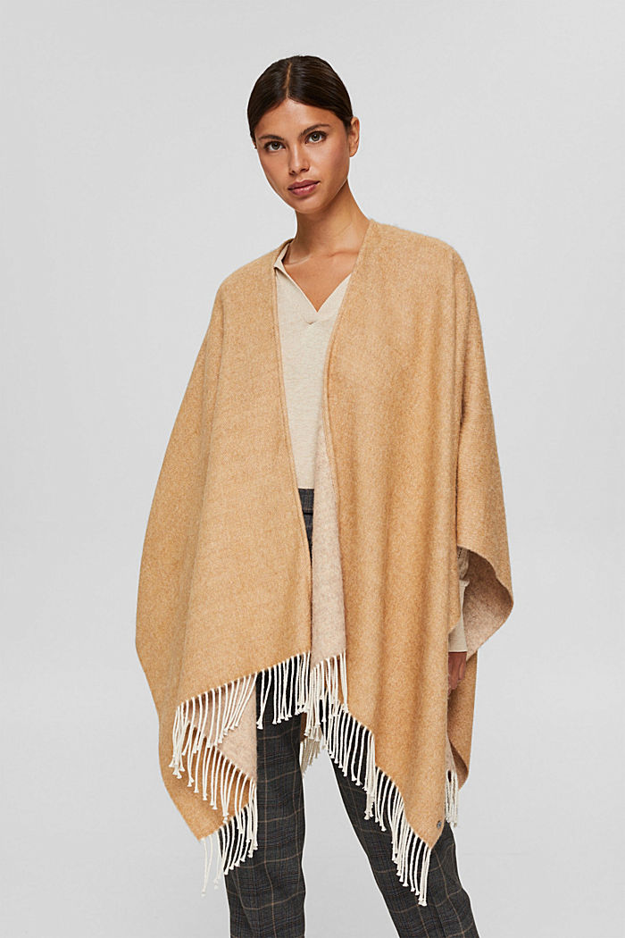 In materiale riciclato: poncho/mantella double face con frange, CARAMEL, detail image number 1