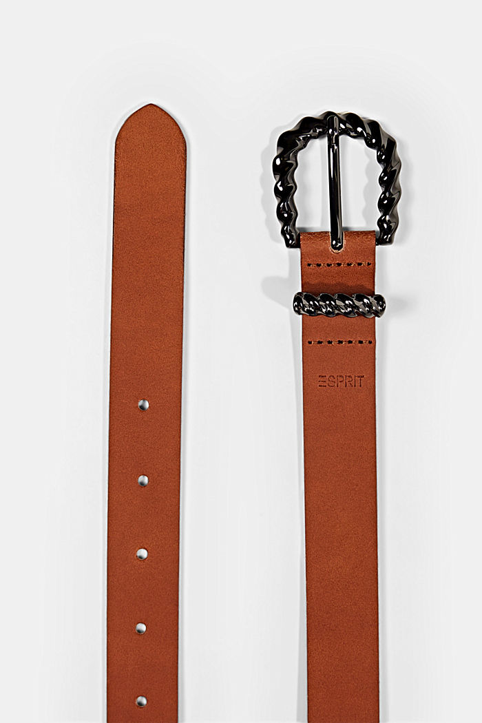 Leather belt with decorative metal buckle, RUST BROWN, detail image number 1