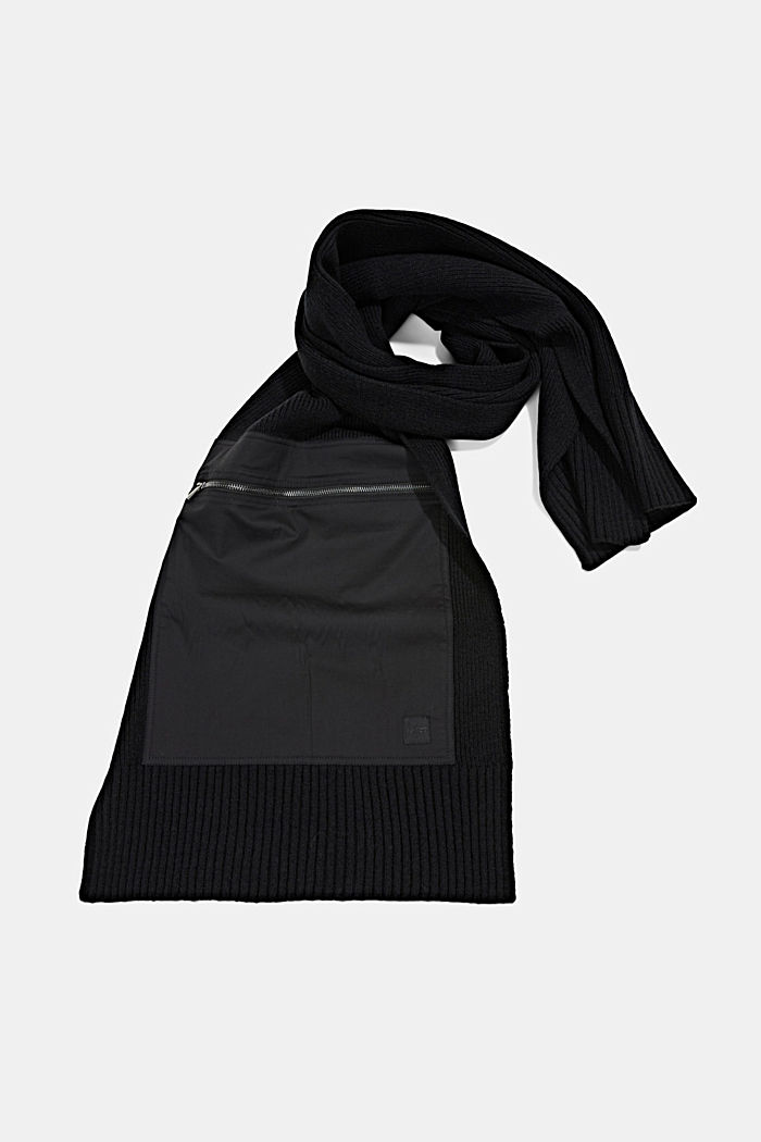 Wool blend: knitted scarf with a fabric zip pocket, BLACK, detail image number 0