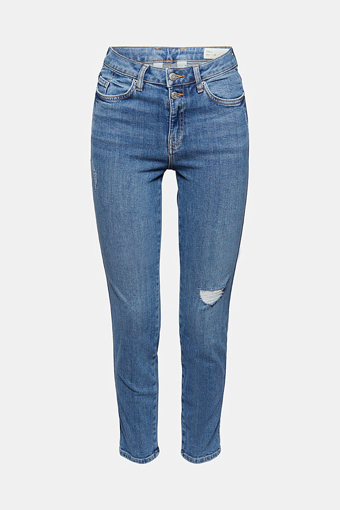 Jeans met hoge taille en details in used look, BLUE MEDIUM WASHED, overview
