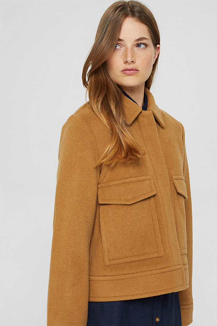 Wool blend: jacket with patch pockets, CAMEL, overview