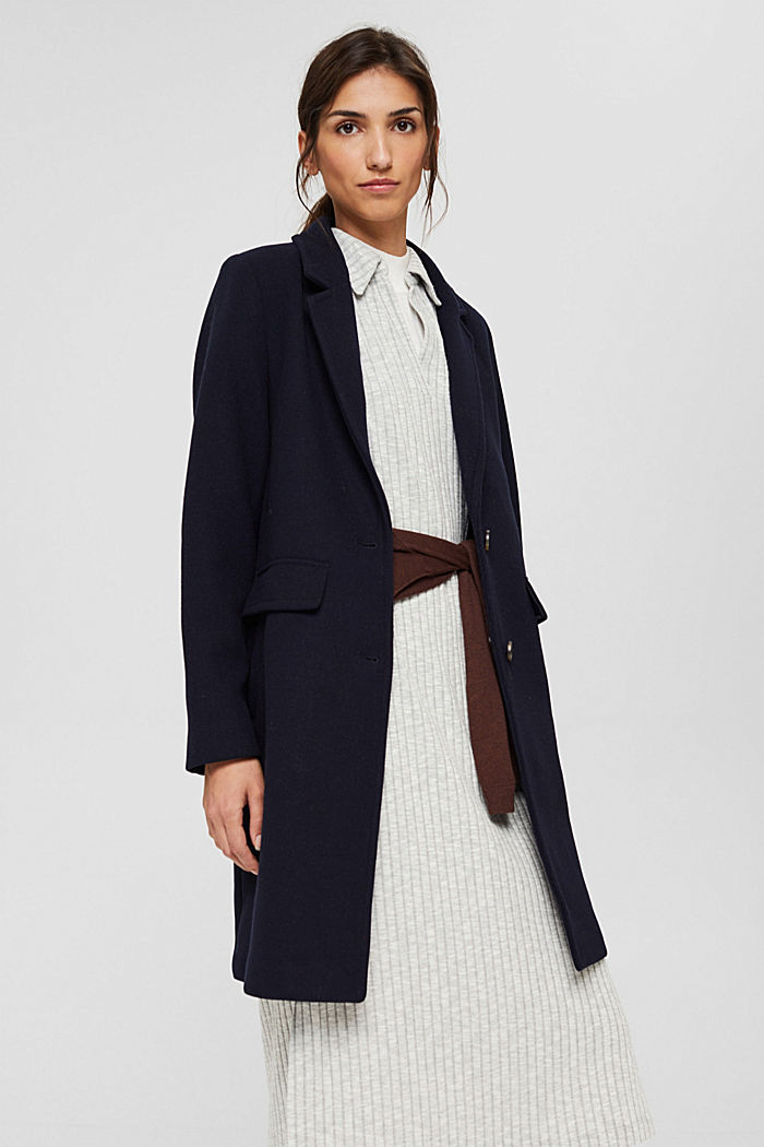 Recycled: blended wool coat with a lapel collar, NAVY, overview