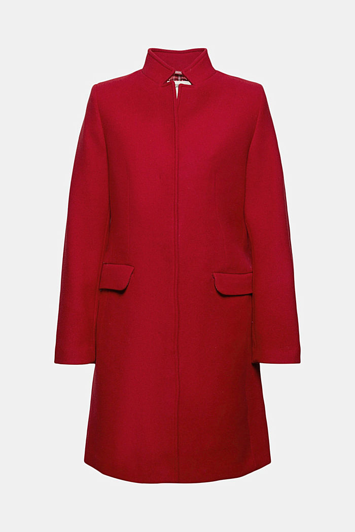 In misto lana riciclata: cappotto con collo alla coreana, DARK RED, overview