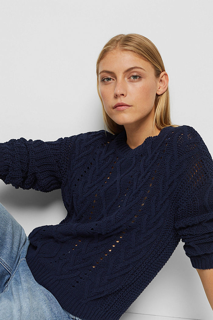 Cable knit jumper in 100% organic cotton, NAVY, detail image number 5