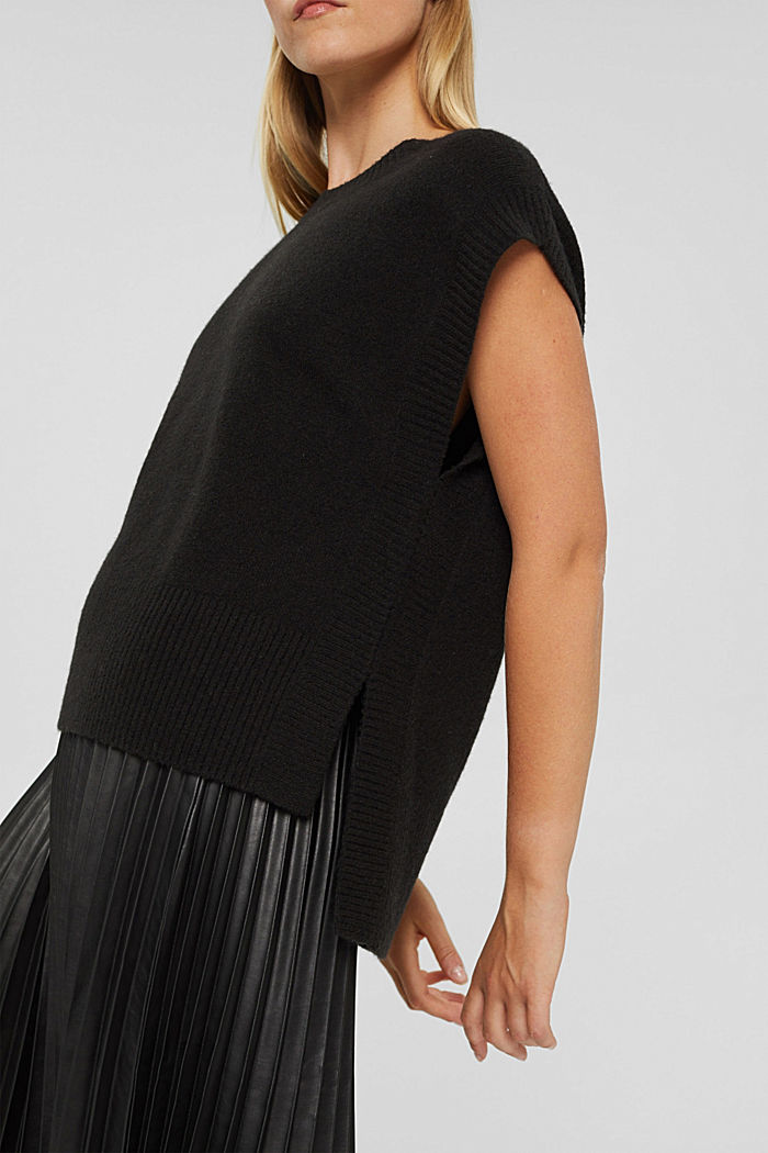 Wool blend: sleeveless jumper with high-low hem, BLACK, detail image number 2