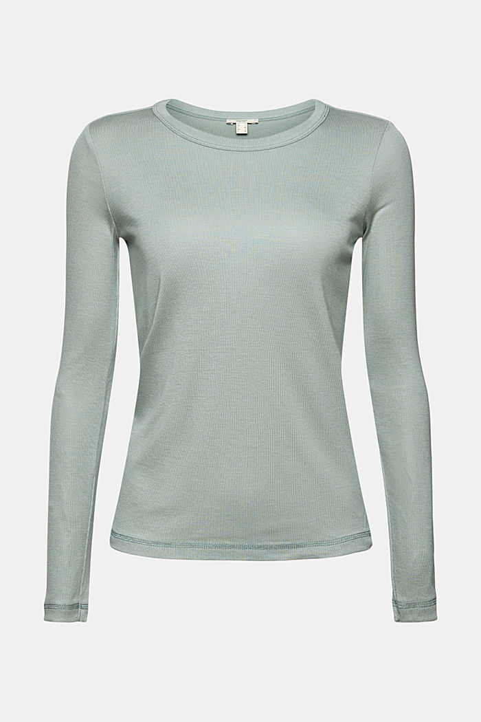 100 % TENCEL™ -kuitua: pitkähihainen paita hienoa ribbineulosta, DUSTY GREEN, detail image number 6