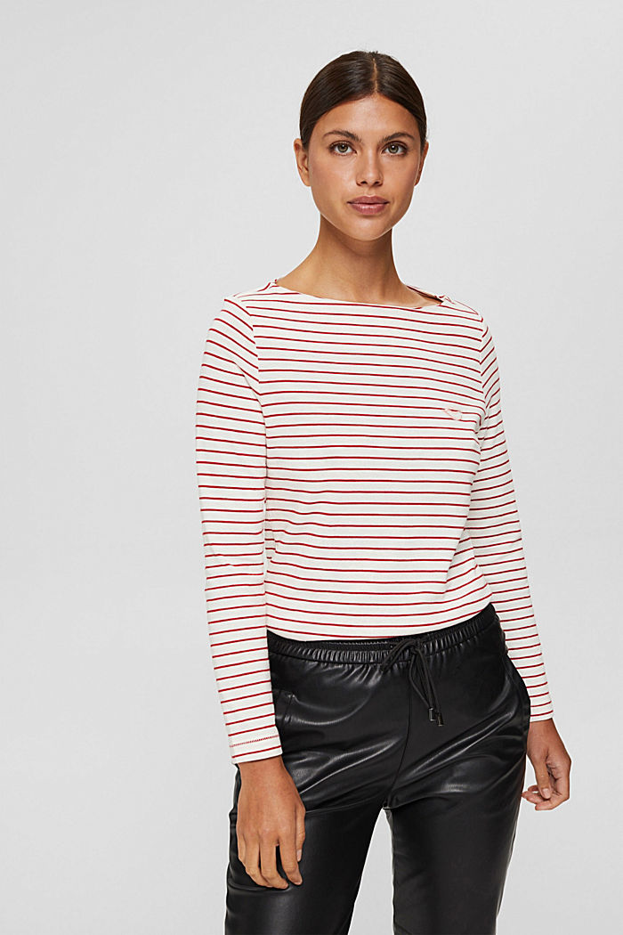Striped bateau long sleeve top, 100% organic cotton, RED, detail image number 0