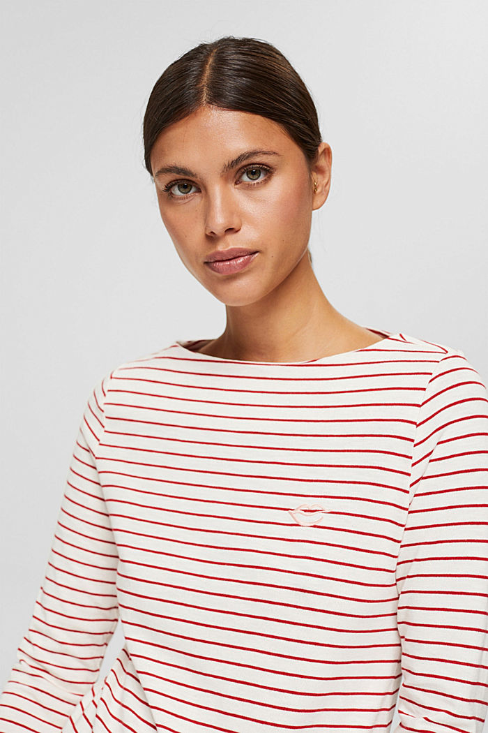 Striped bateau long sleeve top, 100% organic cotton, RED, overview