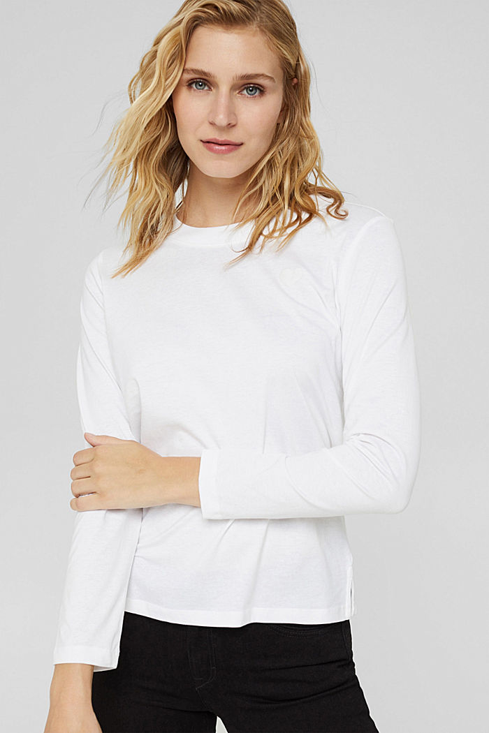 Long sleeve top with a heart print, 100% organic cotton, WHITE, detail image number 0
