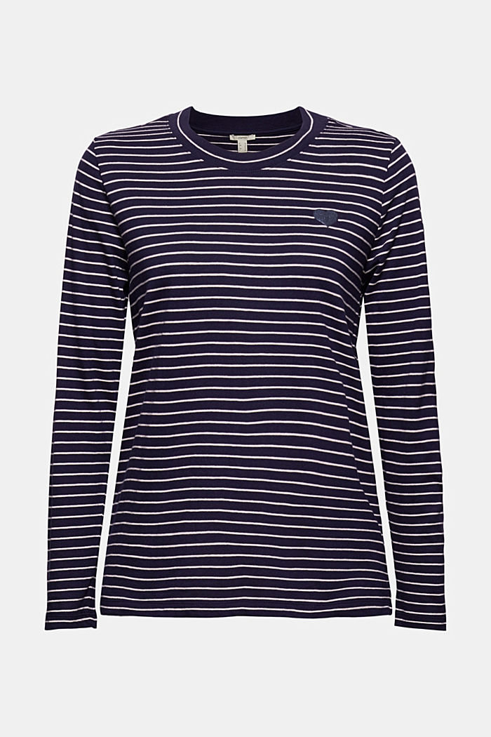 Long sleeve top with a heart print, 100% cotton, NAVY, overview