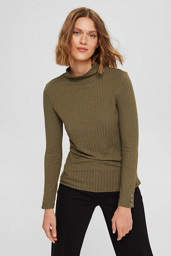 Ribbed long sleeve top with cotton, DARK KHAKI, detail image number 0