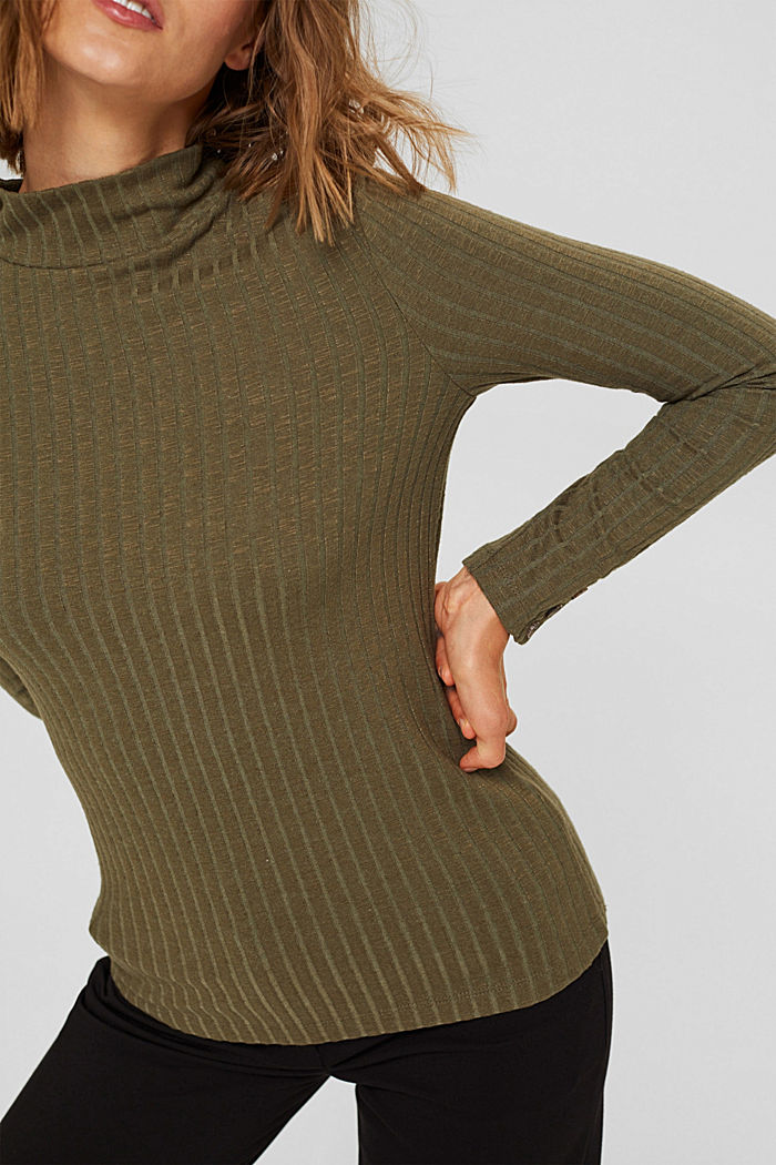 Ribbed long sleeve top with cotton, DARK KHAKI, detail image number 2