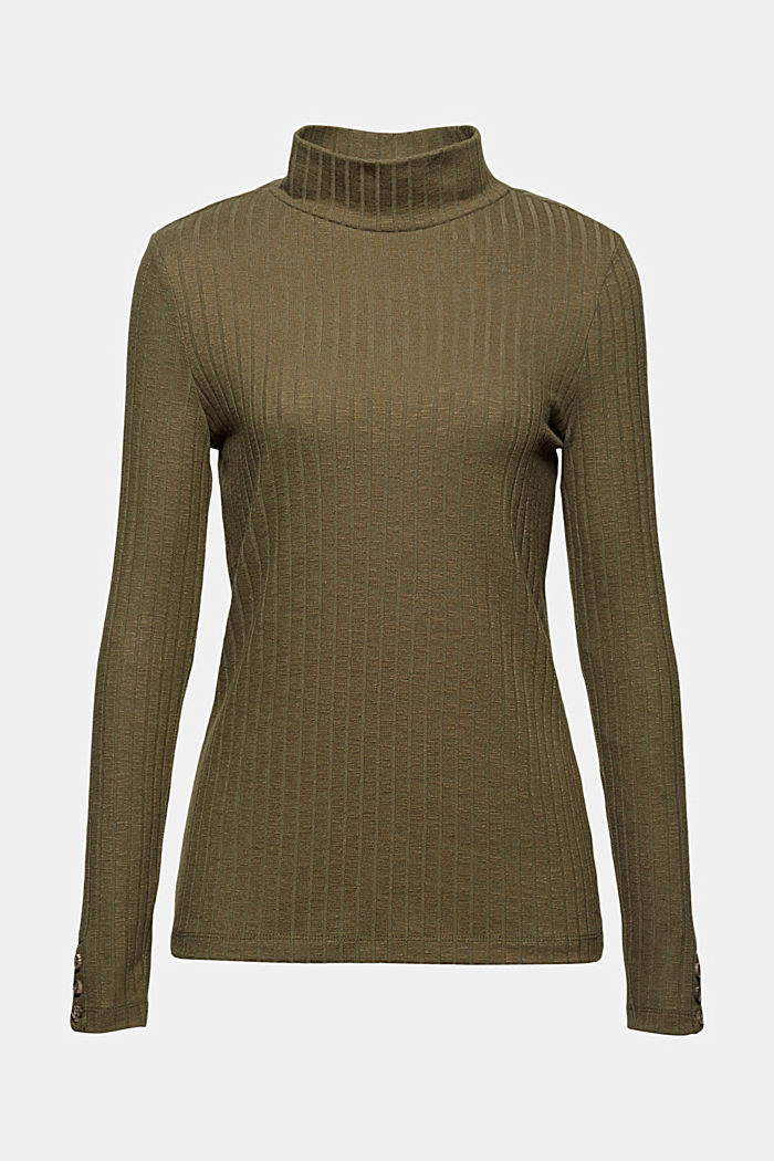 Ribbed long sleeve top with cotton, DARK KHAKI, detail image number 5