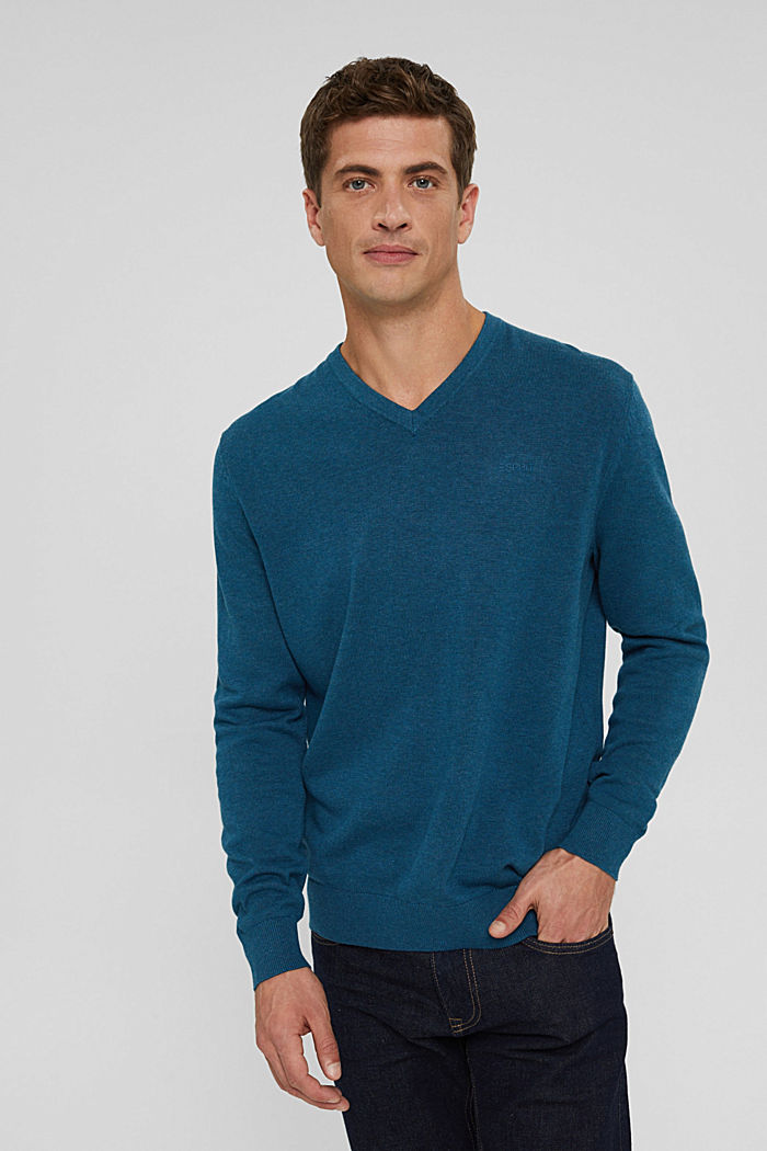 Jersey con cuello en pico, 100 % algodón Pima, PETROL BLUE, detail image number 0