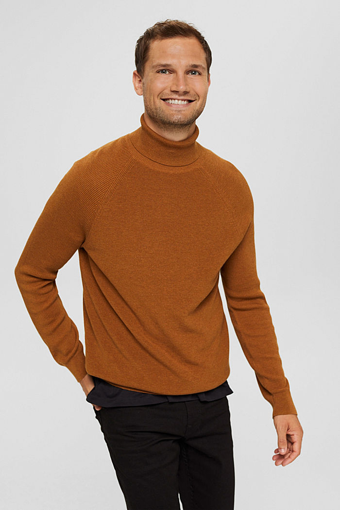 Polo neck jumper made of 100% organic cotton, CAMEL, detail image number 0