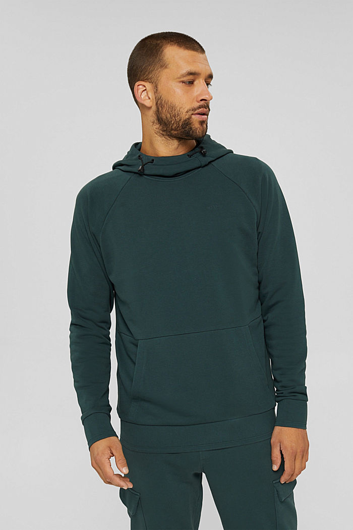 Hoodie with stand-up collar in blended organic cotton, TEAL BLUE, detail image number 0