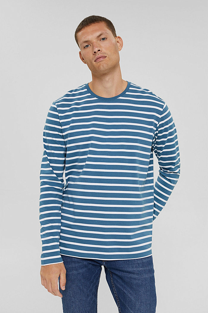 Jersey long sleeve top with stripes, organic cotton, PETROL BLUE, detail image number 0