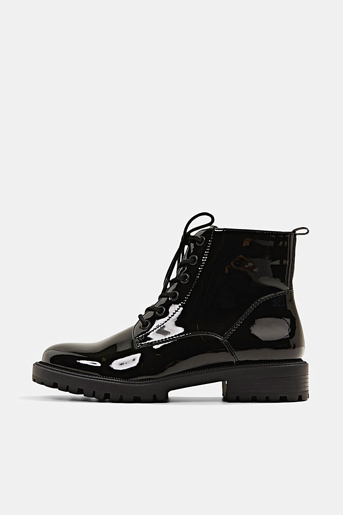 Faux patent leather lace-up ankle boots, BLACK, overview