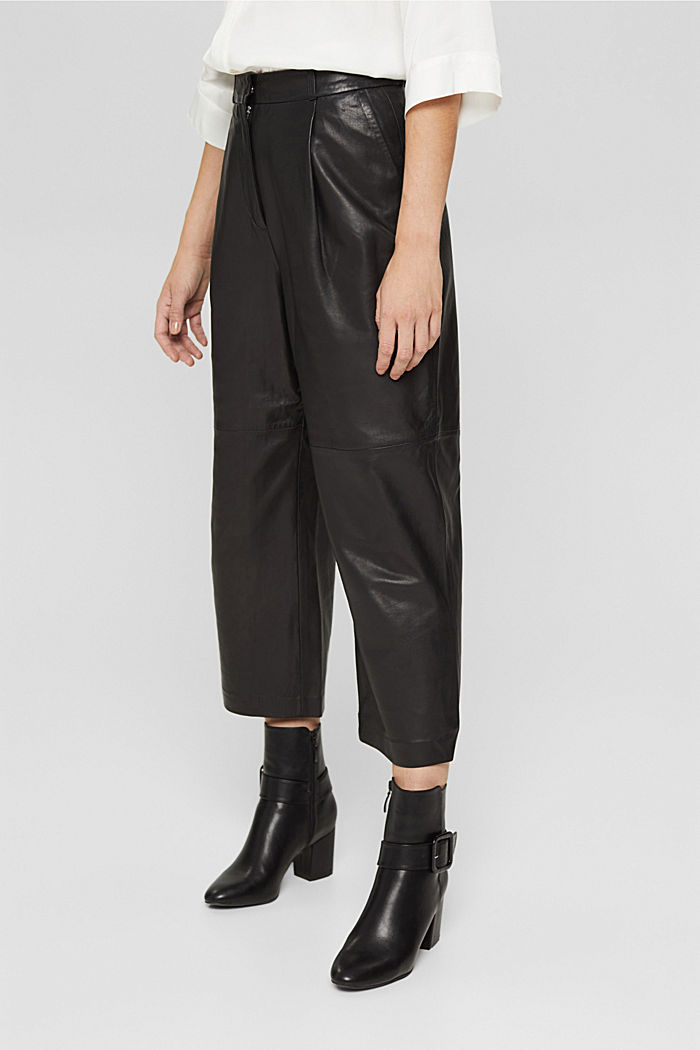 Made of leather: culottes with a high waistband, BLACK, detail image number 5