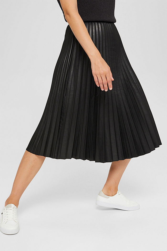 Midi skirt in pleated faux leather, BLACK, detail image number 0