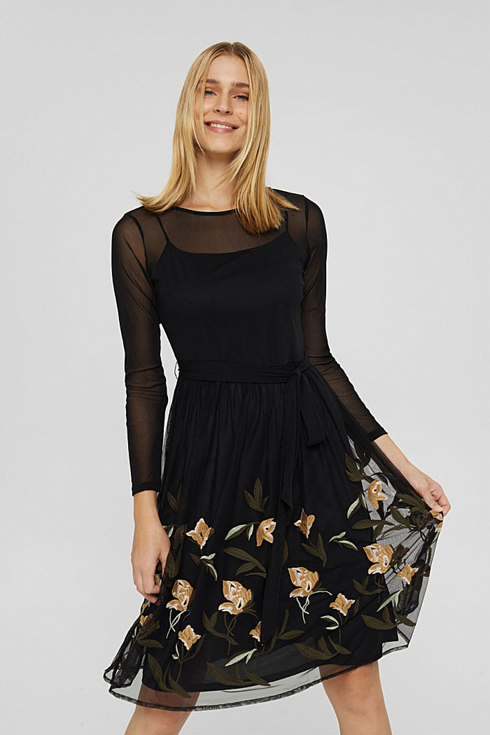 Mesh-Kleid mit Blumen-Stickerei, BLACK, detail image number 0