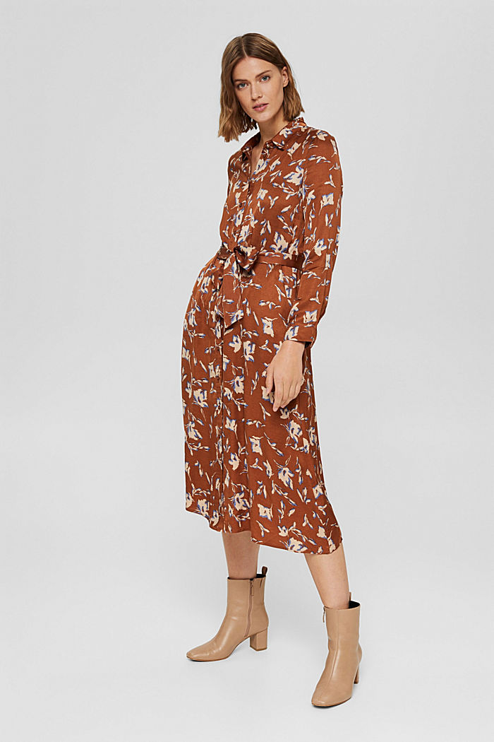 Satin shirt dress with a floral print, TERRACOTTA, detail image number 1