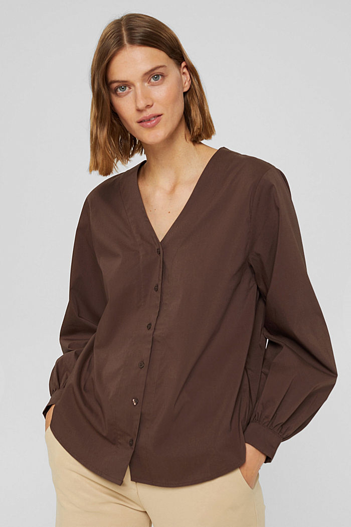 Poplin blouse with balloon sleeves, DARK BROWN, overview