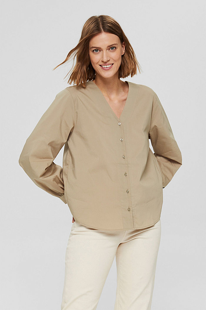 Poplin blouse with balloon sleeves, LIGHT KHAKI, detail image number 0