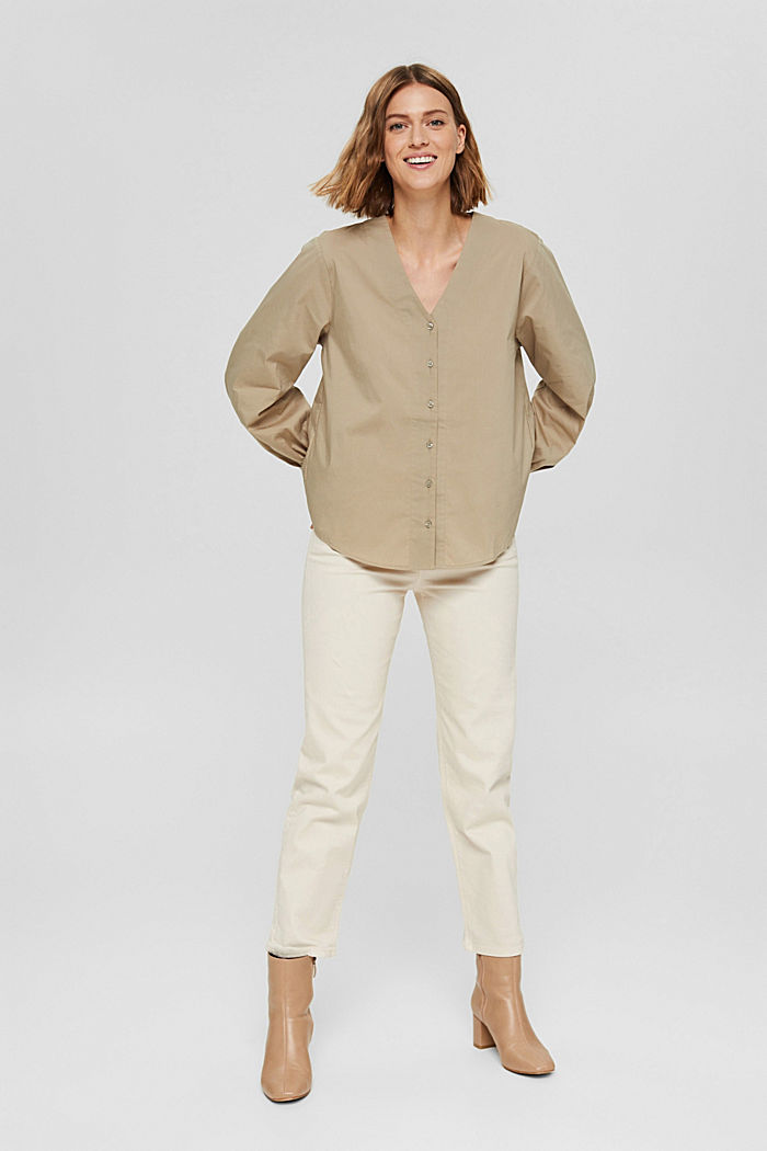 Poplin blouse with balloon sleeves, LIGHT KHAKI, overview