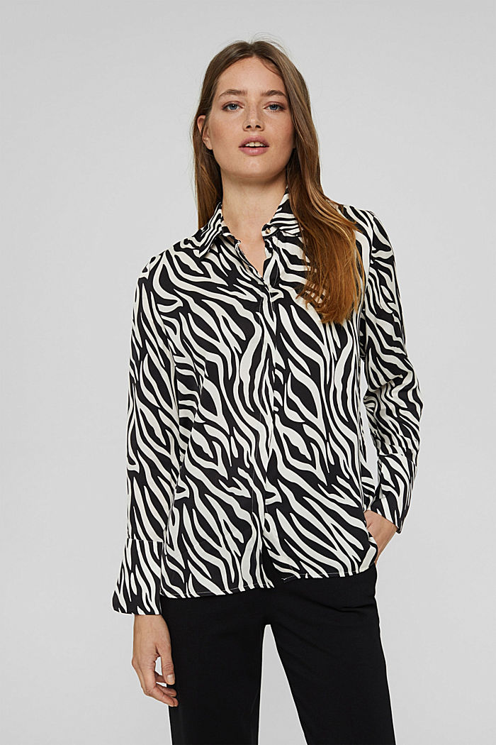 Animal satin blouse with LENZING™ ECOVERO™, BLACK, overview