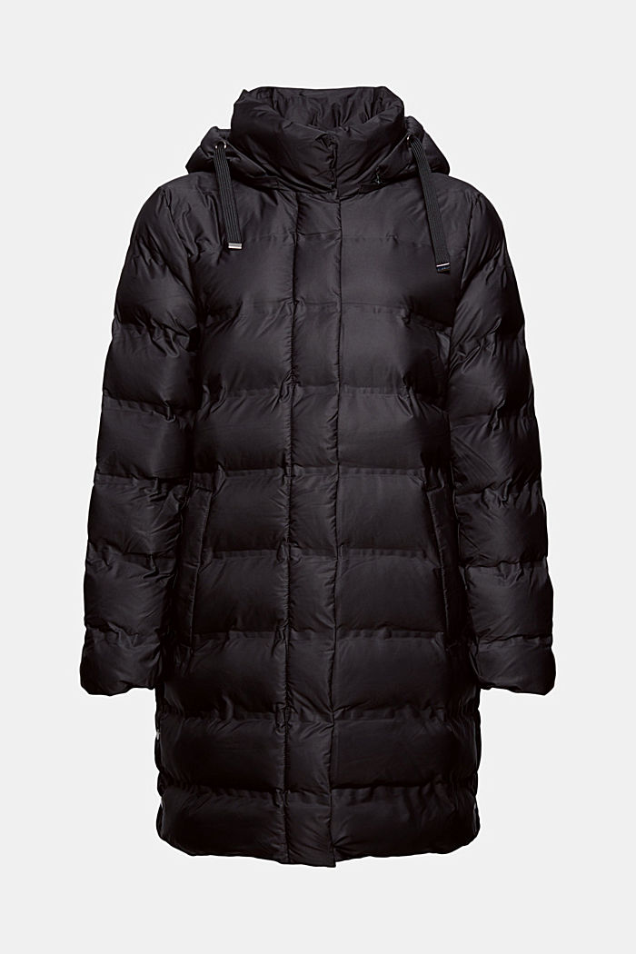 Recycled: quilted coat with detachable hood, BLACK, overview
