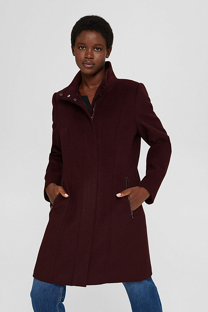 Recycled: blended wool coat with a zip, BORDEAUX RED, detail image number 0