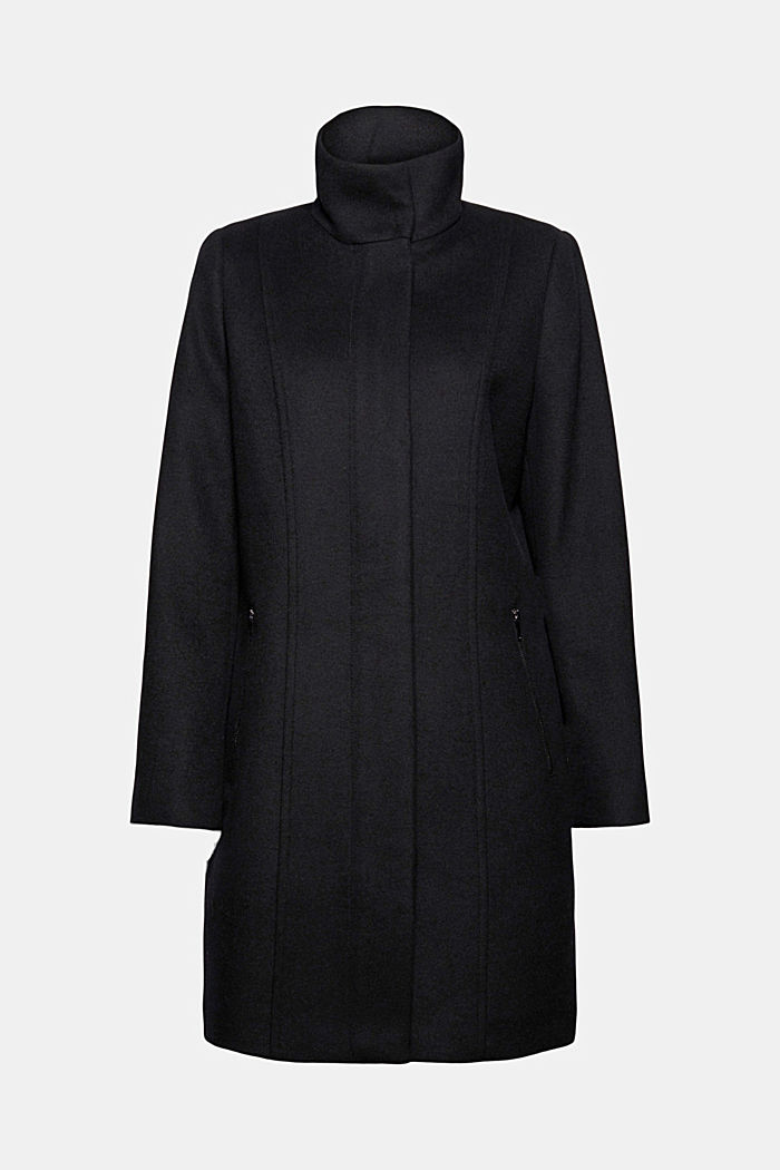 Recycled: blended wool coat with a zip, BLACK, overview