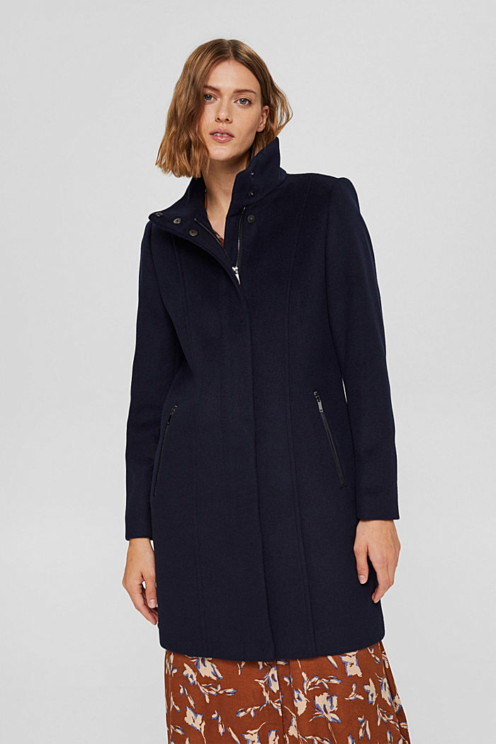 Recycled: blended wool coat with a zip, NAVY, detail image number 0
