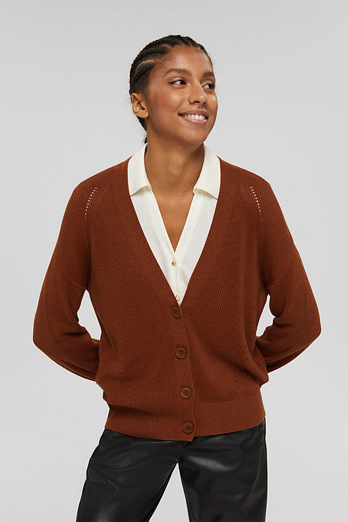 V-neck cardigan made of blended organic cotton, TOFFEE, detail image number 0